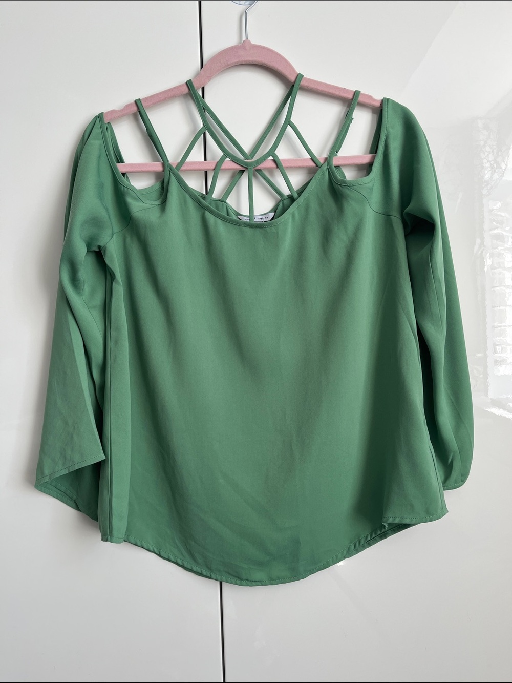NAKED ZEBRA Sage Green Cold-Shoulder Blouse with Strappy Back, Size M